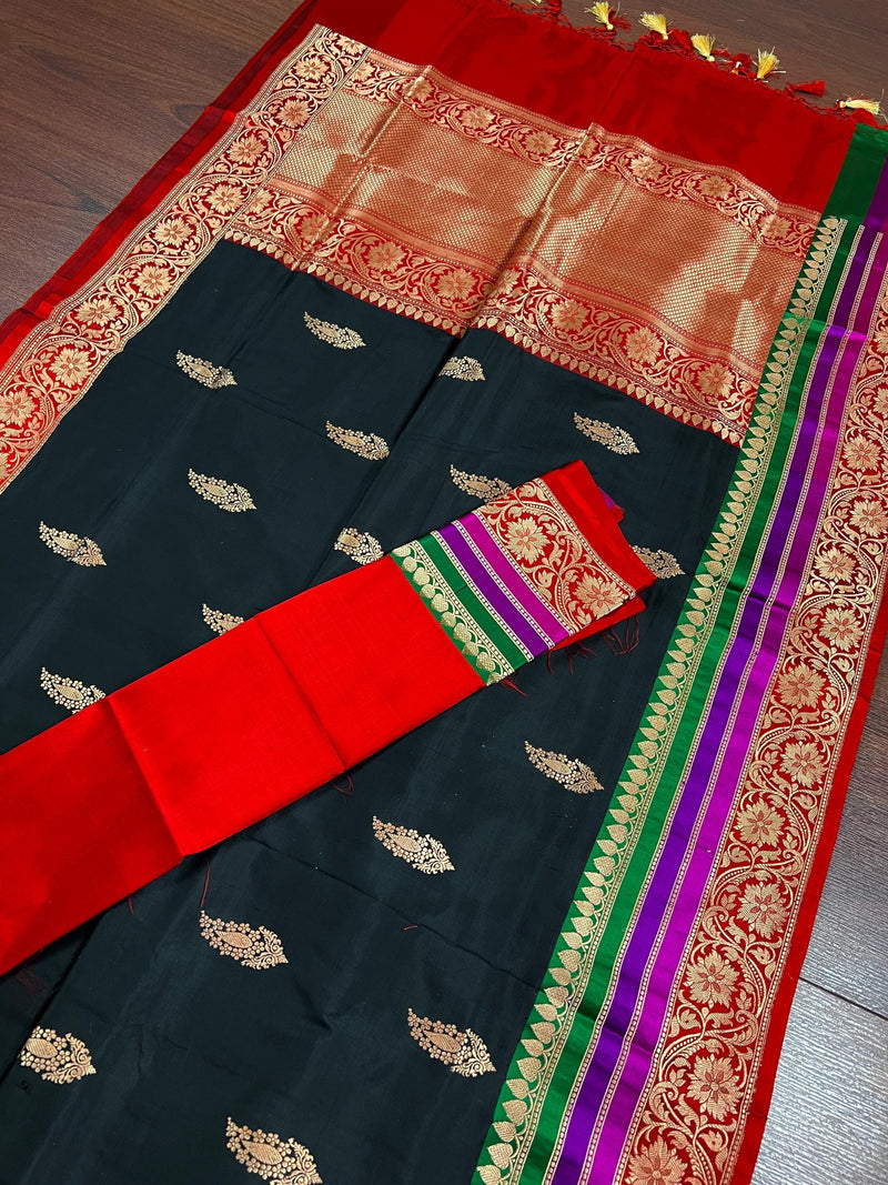 Black Color Pure Katan Silk Saree with Cooper Zari Weave | Pure Silk Sarees | Black Color Sarees | SILK MARK CERTIFIED - Kaash