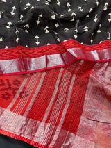 Black with Maroon & Orange Khaadi Ikkat saree in pure khaadi cotton blend with linen with ikkat prints with silver zari borders — Kaash Collection