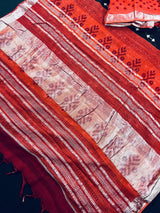 Black with Maroon & Orange Khaadi Ikkat saree in pure khaadi cotton blend with linen with ikkat prints with silver zari borders — Kaash Collection