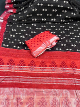 Black with Maroon & Orange Khaadi Ikkat saree in pure khaadi cotton blend with linen with ikkat prints with silver zari borders — Kaash Collection