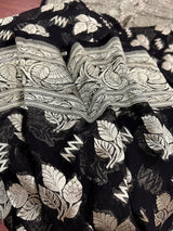 Black pure khaddi georgette banarasi silk saree with silver zari weave — Kaash Collection