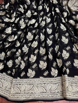 Black pure khaddi georgette banarasi silk saree with silver zari weave — Kaash Collection
