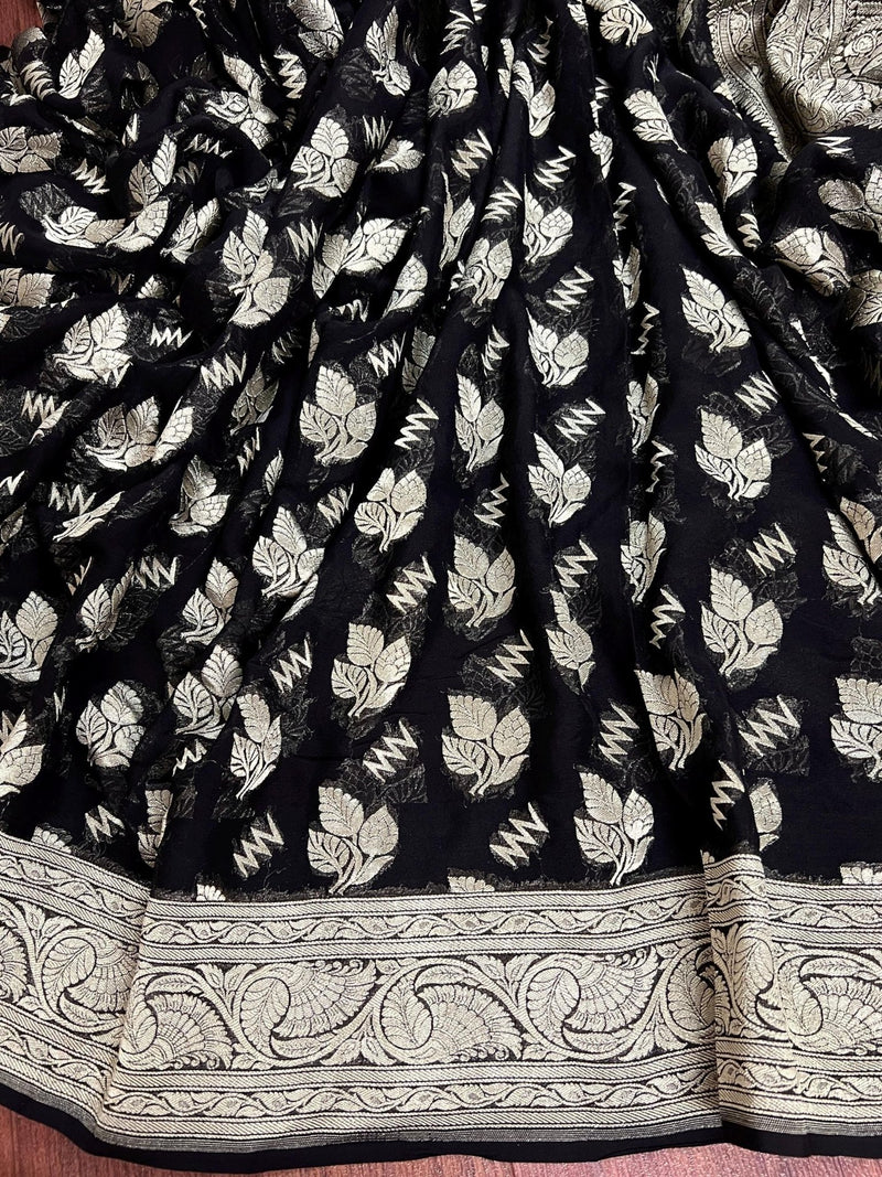 Black pure khaddi georgette banarasi silk saree with silver zari weave — Kaash Collection