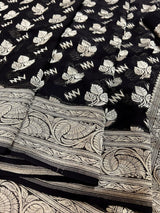 Black pure khaddi georgette banarasi silk saree with silver zari weave — Kaash Collection