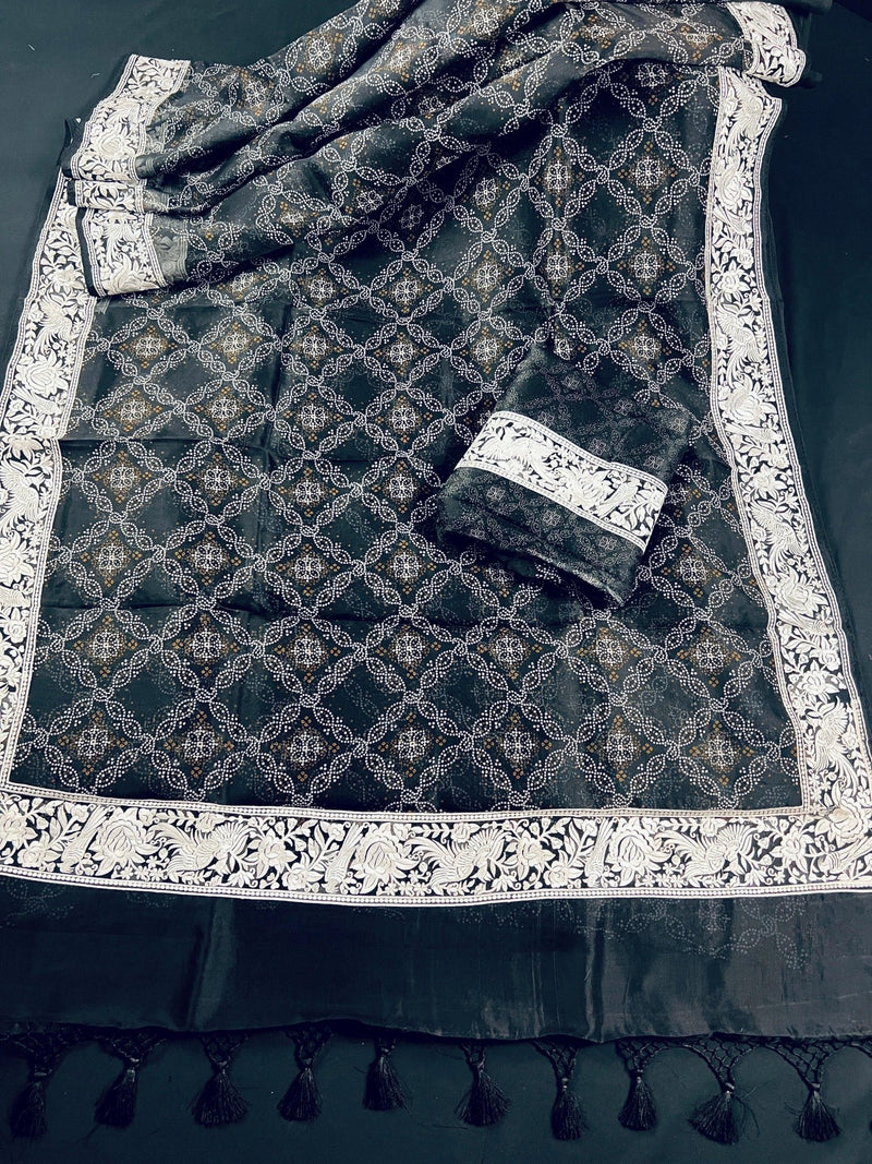 Silk Mark Certified Black Pure Kora Bandhani Parsi Gara saree in pure kora organza with bandhani digital print with parsi gara embroidery — Kaash Collection