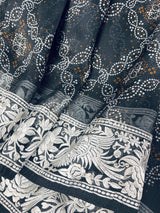 Silk Mark Certified Black Pure Kora Bandhani Parsi Gara saree in pure kora organza with bandhani digital print with parsi gara embroidery — Kaash Collection