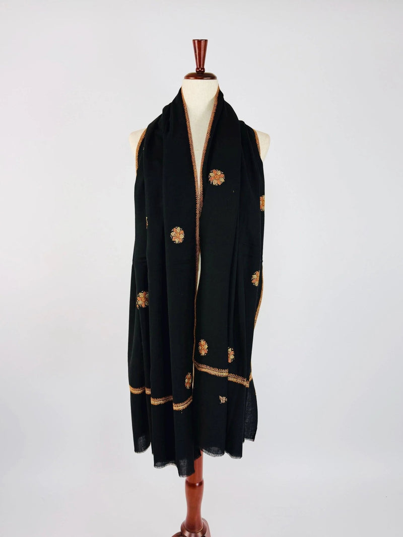 Black pure pashmina Kashmiri shawl with fine kashmiri needlework — Kaash Collection