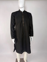 Black Color Raw Silk Men Kurta Pajama with Self Design material with Self Weave Pattern - Kaash