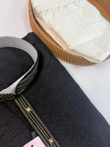 Black Color Raw Silk Men Kurta Pajama with Self Design material with Self Weave Pattern - Kaash