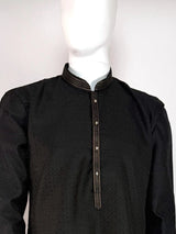 Black Color Raw Silk Men Kurta Pajama with Self Design material with Self Weave Pattern - Kaash