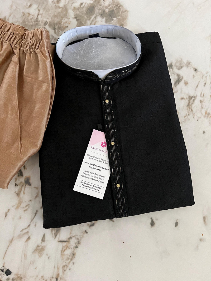 Black Color Raw Silk Men Kurta Pajama with Self Design material with Self Weave Pattern | Men Ethnic Wear | Wedding Wear Kurta for Men - Kaash
