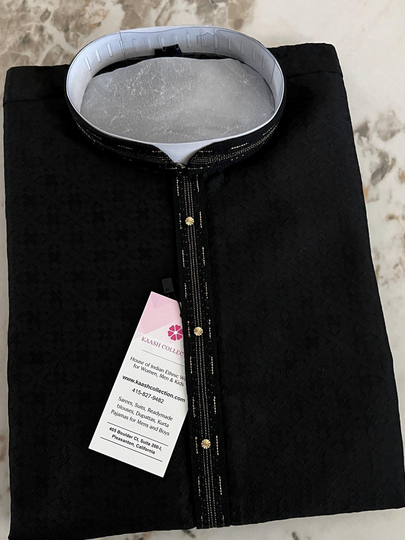 Black Color Raw Silk Men Kurta Pajama with Self Design material with Self Weave Pattern | Men Ethnic Wear | Wedding Wear Kurta for Men - Kaash
