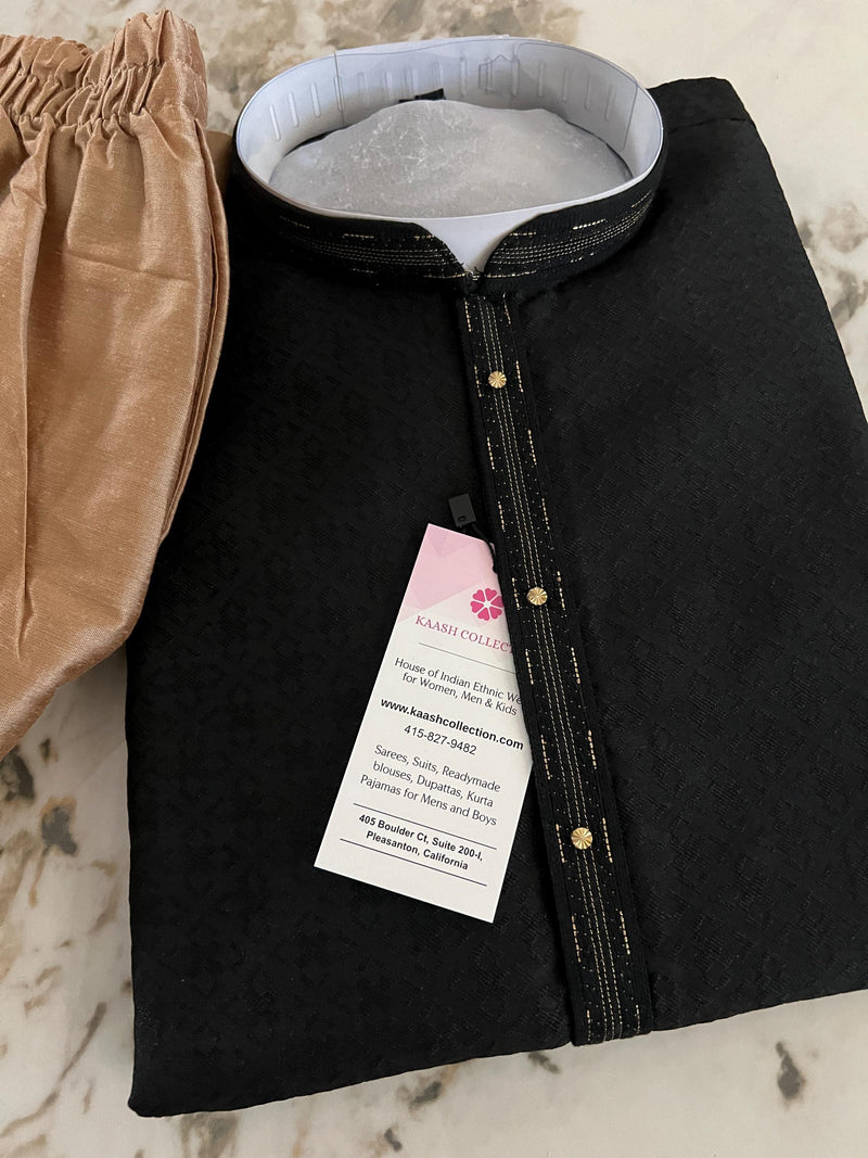 Black Color Raw Silk Men Kurta Pajama with Self Design material with Self Weave Pattern | Men Ethnic Wear | Wedding Wear Kurta for Men - Kaash