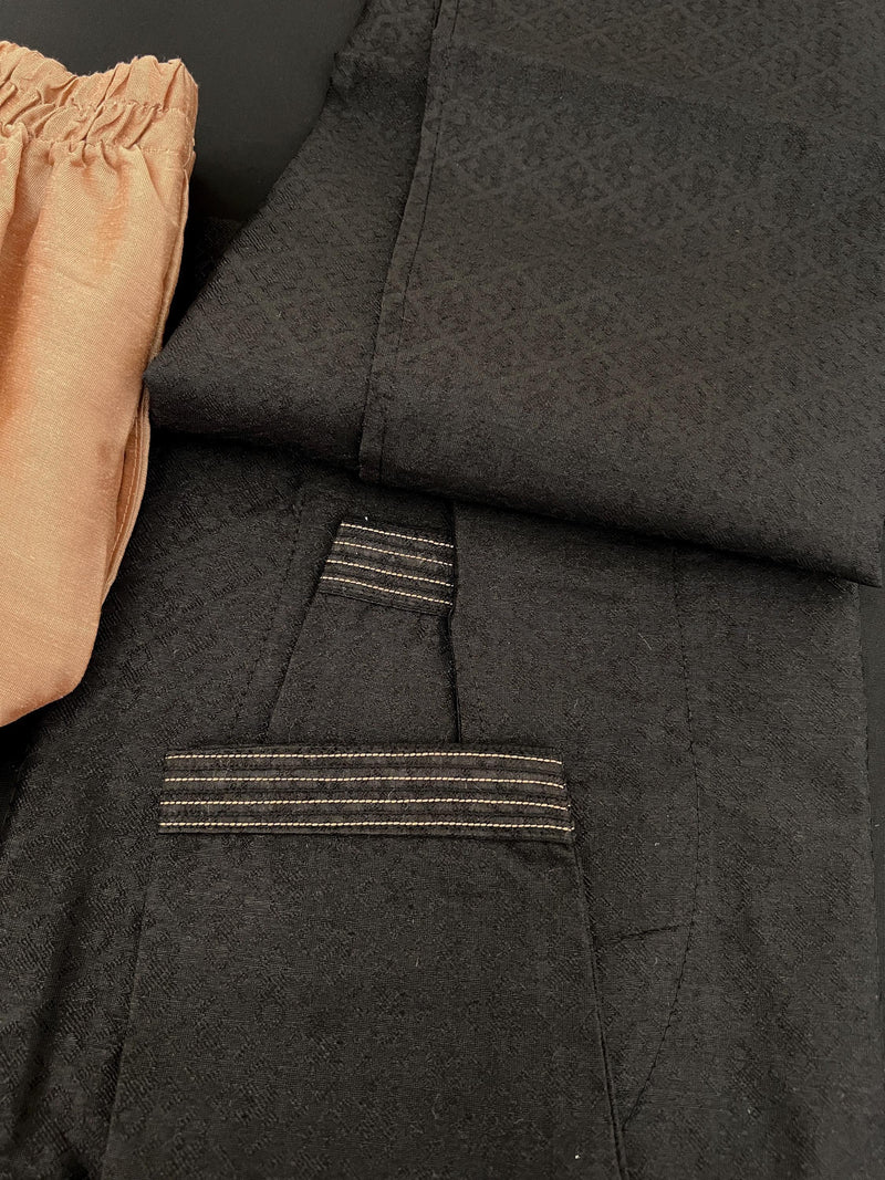 Black Color Raw Silk Men Kurta Pajama with Self Design material with Self Weave Pattern | Men Ethnic Wear | Wedding Wear Kurta for Men - Kaash