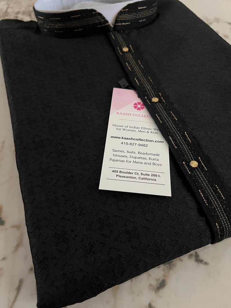 Black Color Raw Silk Men Kurta Pajama with Self Design material with Self Weave Pattern | Men Ethnic Wear | Wedding Wear Kurta for Men - Kaash