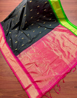Black Color Soft Gadwal Silk with Ganga Yamuna Temple Border - Kaash