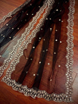 Black soft net dupatta with muted gold zari & mirror — Kaash Collection
