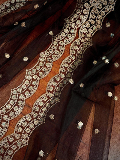 Black soft net dupatta with muted gold zari & mirror — Kaash Collection
