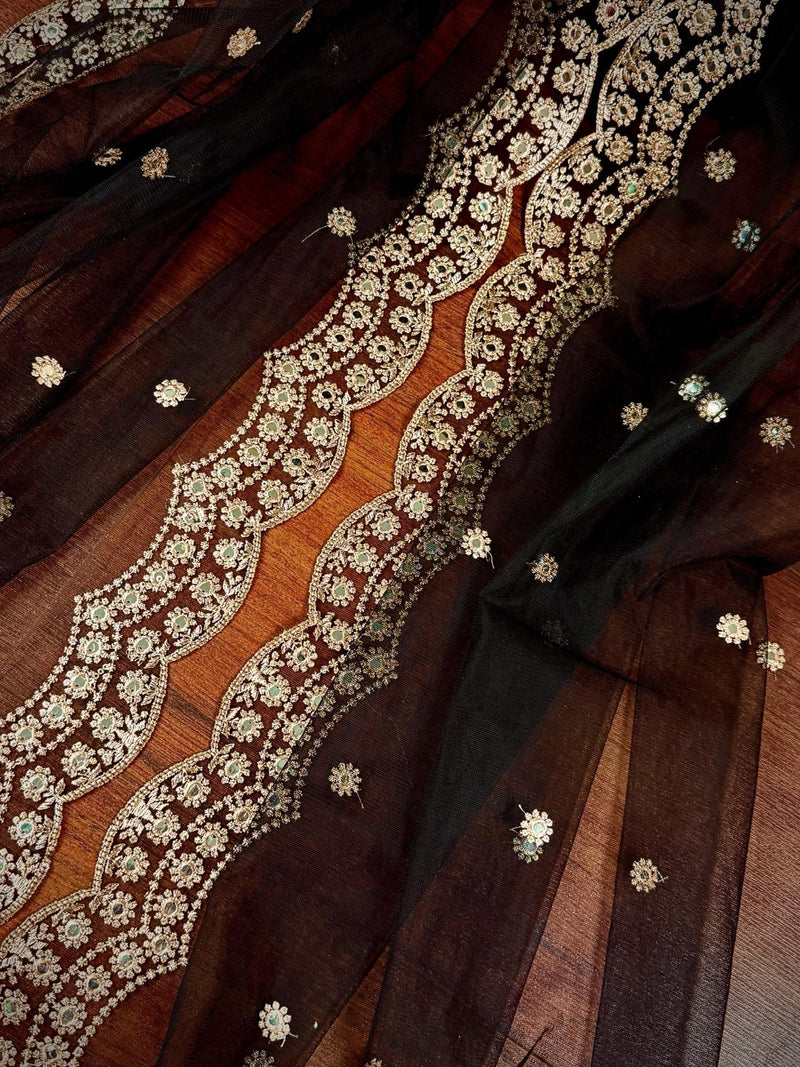 Black soft net dupatta with muted gold zari & mirror — Kaash Collection