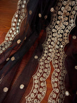 Black soft net dupatta with muted gold zari & mirror — Kaash Collection