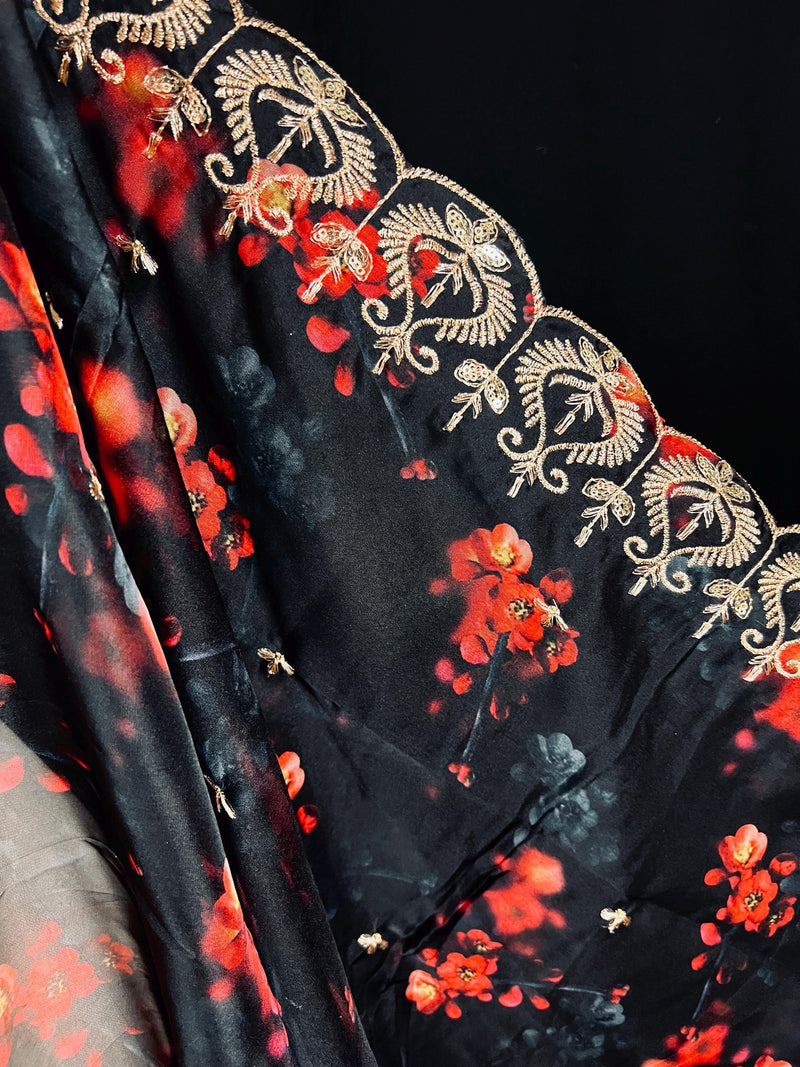 Black Color Soft Organza Dupatta with Embroidery, Sequin and Zari with Floral Digital Prints - Kaash