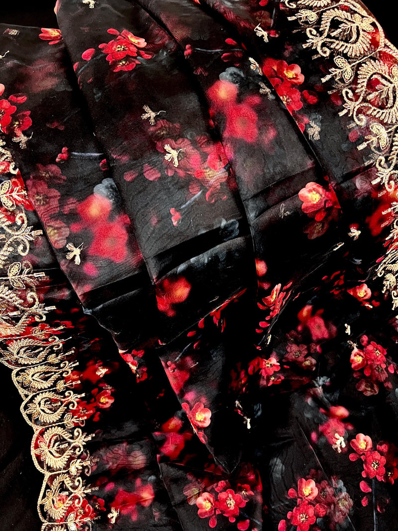 Black Color Soft Organza Dupatta with Embroidery, Sequin and Zari with Floral Digital Prints - Kaash