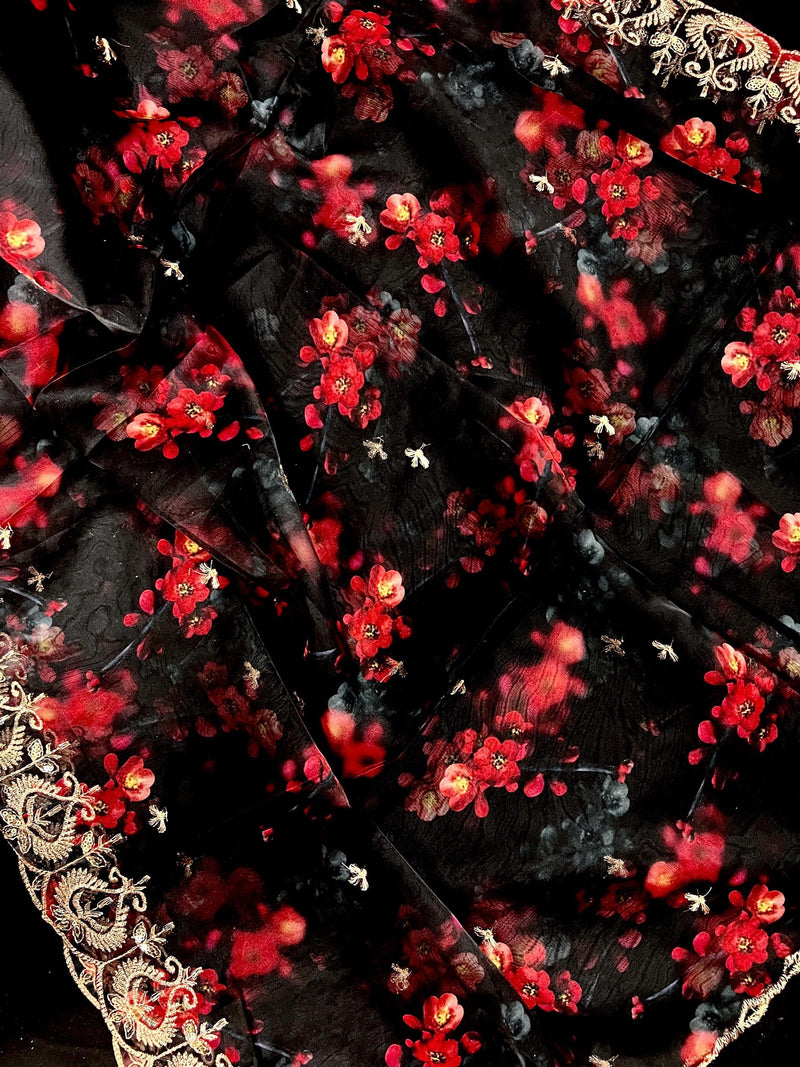 Black Color Soft Organza Dupatta with Embroidery, Sequin and Zari with Floral Digital Prints - Kaash