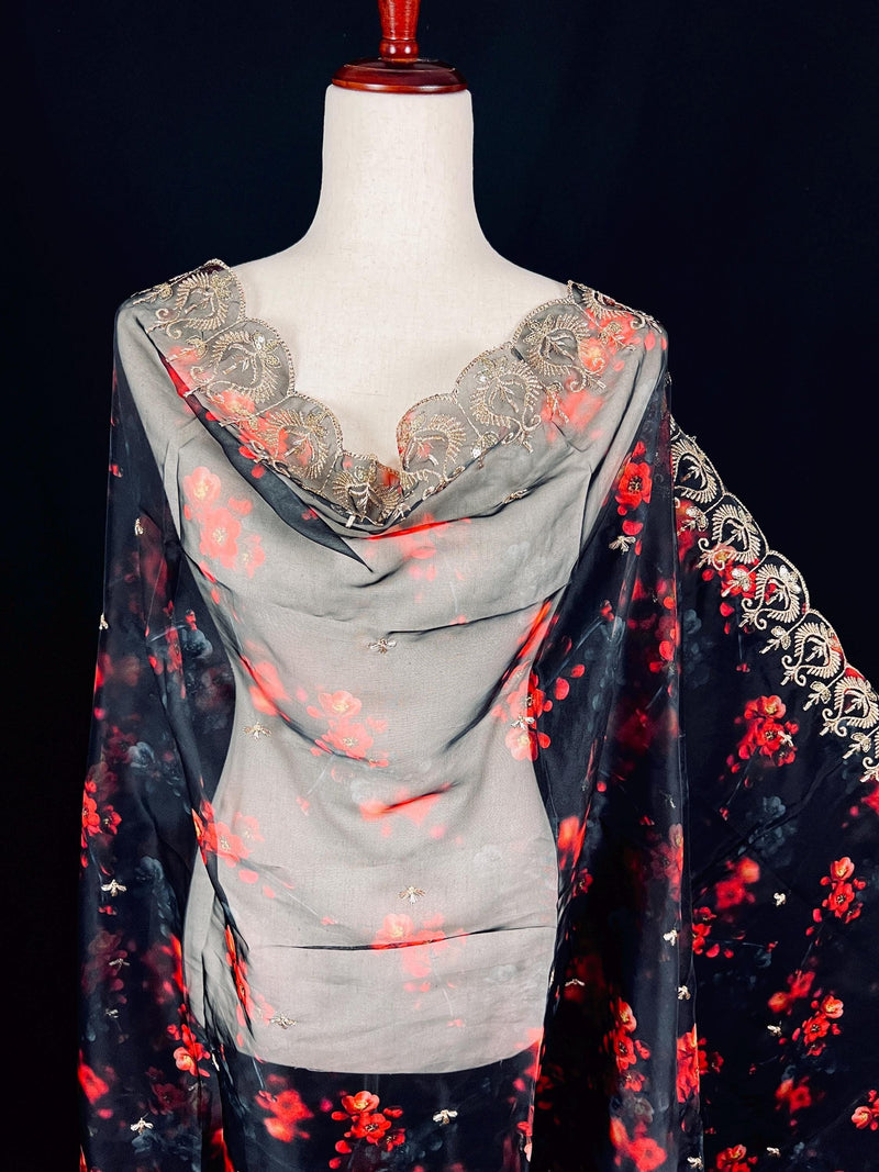 Black Color Soft Organza Dupatta with Embroidery, Sequin and Zari with Floral Digital Prints - Kaash