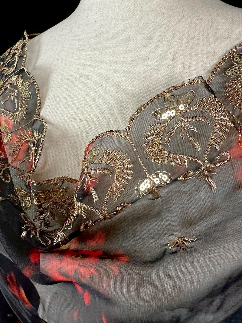 Black Color Soft Organza Dupatta with Embroidery, Sequin and Zari with Floral Digital Prints - Kaash