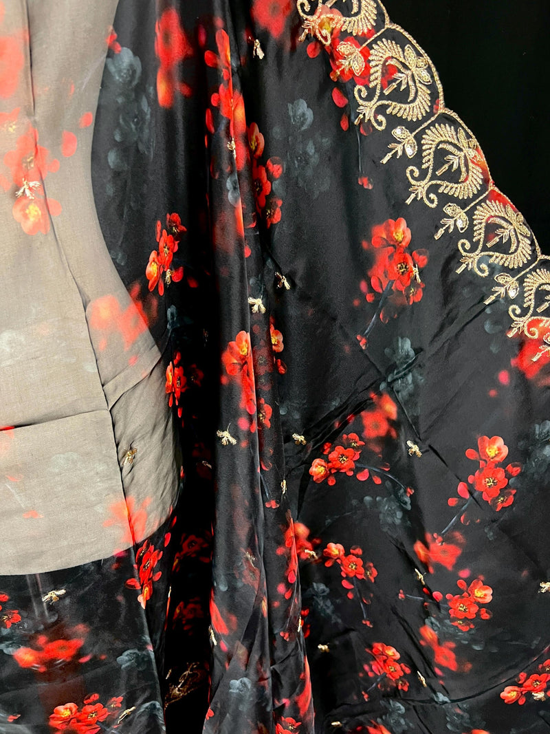 Black Color Soft Organza Dupatta with Embroidery, Sequin and Zari with Floral Digital Prints - Kaash