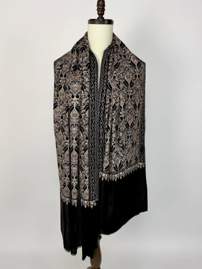 Black soft pashmina Kashmiri shawl with resham aari with muted gold zari, paisley design — Kaash Collection