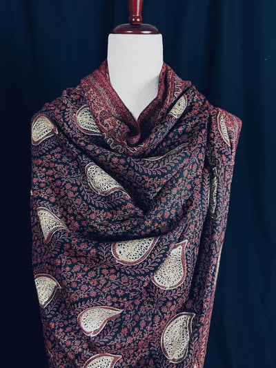 Black soft pashmina Kashmiri shawl with resham aari embroidery, paisley design — Kaash Collection