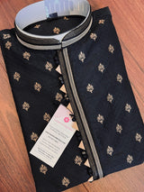 Black Color Soft Raw Silk Men Kurta Pajama in Self Design material with Antique Zari Weave butti with Cotton Lining - Kaash