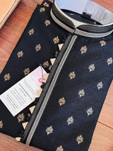 Black Color Soft Raw Silk Men Kurta Pajama in Self Design material with Antique Zari Weave butti with Cotton Lining - Kaash