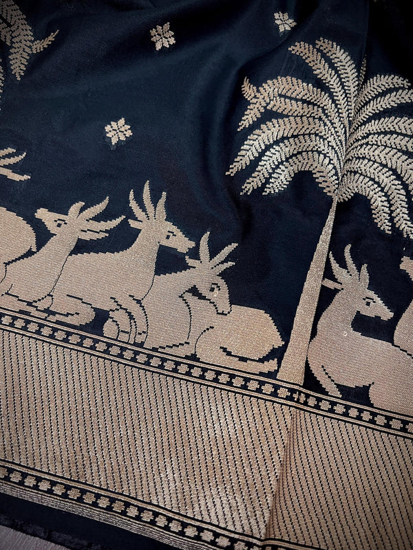 Black Color Soft Silk Saree small Buttis with Deer and Trees on the Borders in Zari Weave Work | Soft Silk Saree - Kaash