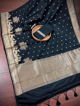 Black Color Soft Silk Saree small Buttis with Deer and Trees on the Borders in Zari Weave Work | Soft Silk Saree - Kaash