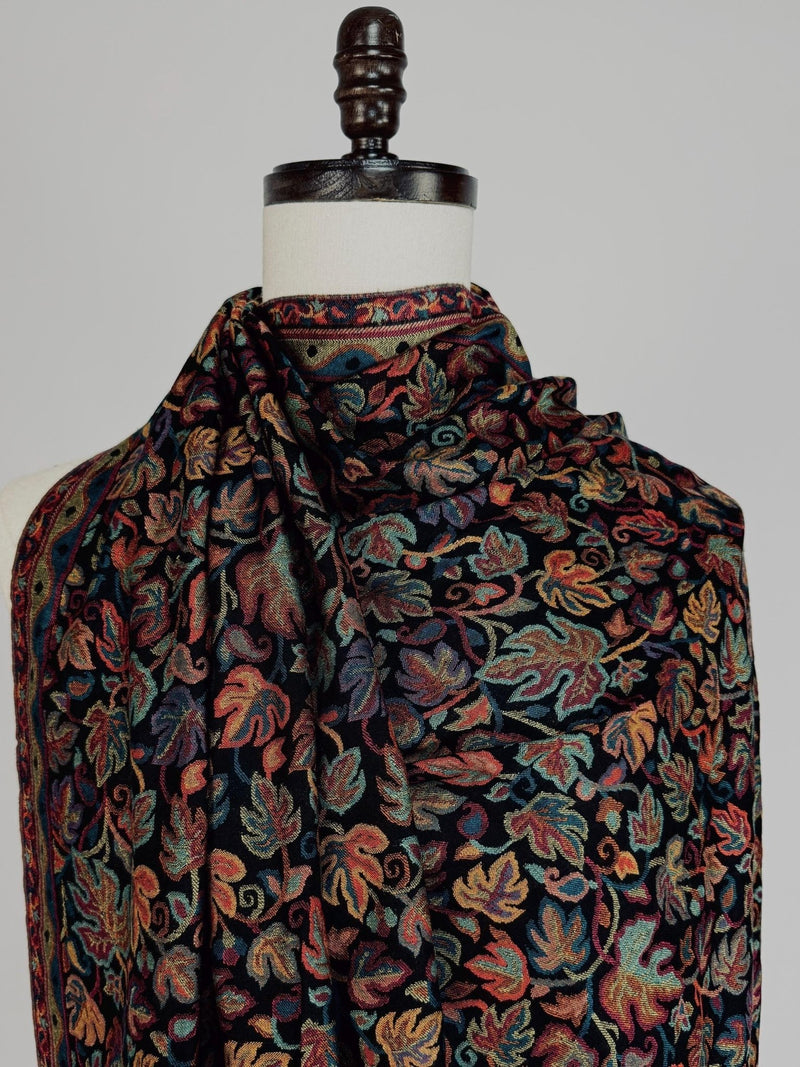 Black viscose blend wool Kashmiri shawl with chinar leaves pattern with parsley design — Kaash Collection