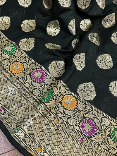 Black Banarasi saree in soft banarasi silk with paithani floral borders with meenakari — Kaash Collection