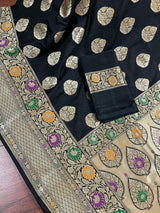 Black Banarasi saree in soft banarasi silk with paithani floral borders with meenakari — Kaash Collection