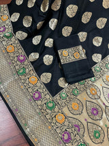 Black Color Traditional Banarasi Handloom Sari with Paithani Style Floral Borders with Meenakari Borders | Soft Silk Saree - Kaash