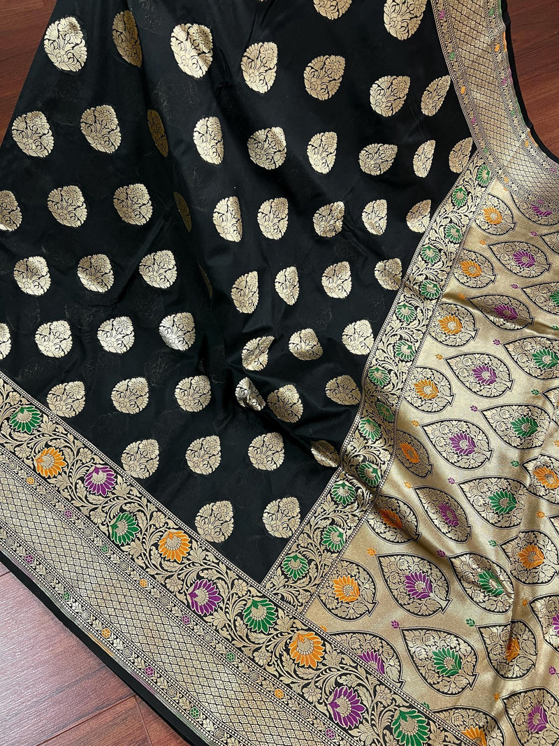 Black Color Traditional Banarasi Handloom Sari with Paithani Style Floral Borders with Meenakari Borders | Soft Silk Saree - Kaash