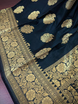 Black Color Traditional Banarasi Handloom Silk Saree in Muted Yellow Gold Muted Zari Weave - Kaash
