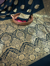 Black Color Traditional Banarasi Handloom Silk Saree in Muted Yellow Gold Muted Zari Weave - Kaash
