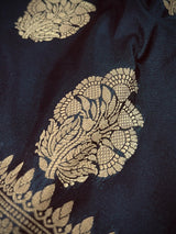 Black Color Traditional Banarasi Handloom Silk Saree in Muted Yellow Gold Muted Zari Weave - Kaash