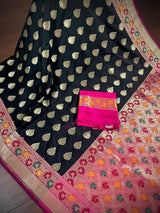 Black with Hot Pink Paithani Banarasi saree in banarasi silk with paithani border with meenakari work — Kaash Collection