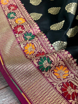 Black Color Traditional Banarasi Silk Handloom Saree with Paithani Border and Pallu | Meenakari Work | Black and Hot Pink Combination Saree - Kaash