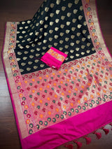 Black Color Traditional Banarasi Silk Handloom Saree with Paithani Border and Pallu | Meenakari Work | Black and Hot Pink Combination Saree - Kaash