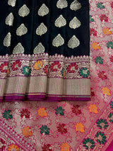 Black Color Traditional Banarasi Silk Handloom Saree with Paithani Border and Pallu | Meenakari Work | Black and Hot Pink Combination Saree - Kaash