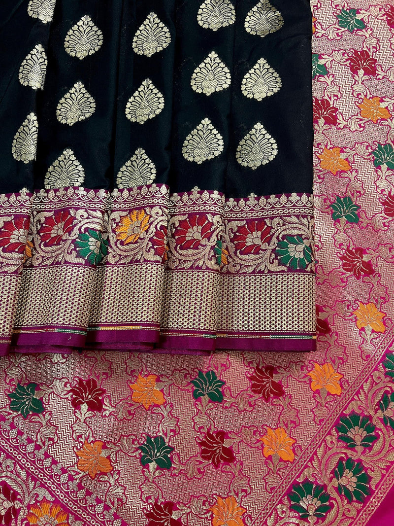 Black Color Traditional Banarasi Silk Handloom Saree with Paithani Border and Pallu | Meenakari Work | Black and Hot Pink Combination Saree - Kaash
