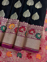Black Color Traditional Banarasi Silk Handloom Saree with Paithani Border and Pallu | Meenakari Work | Black and Hot Pink Combination Saree - Kaash